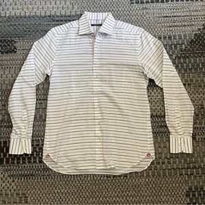 Men’s Hammer Made Long Sleeve Button Down Shirt, Gray Purple Stripes, Neck 16